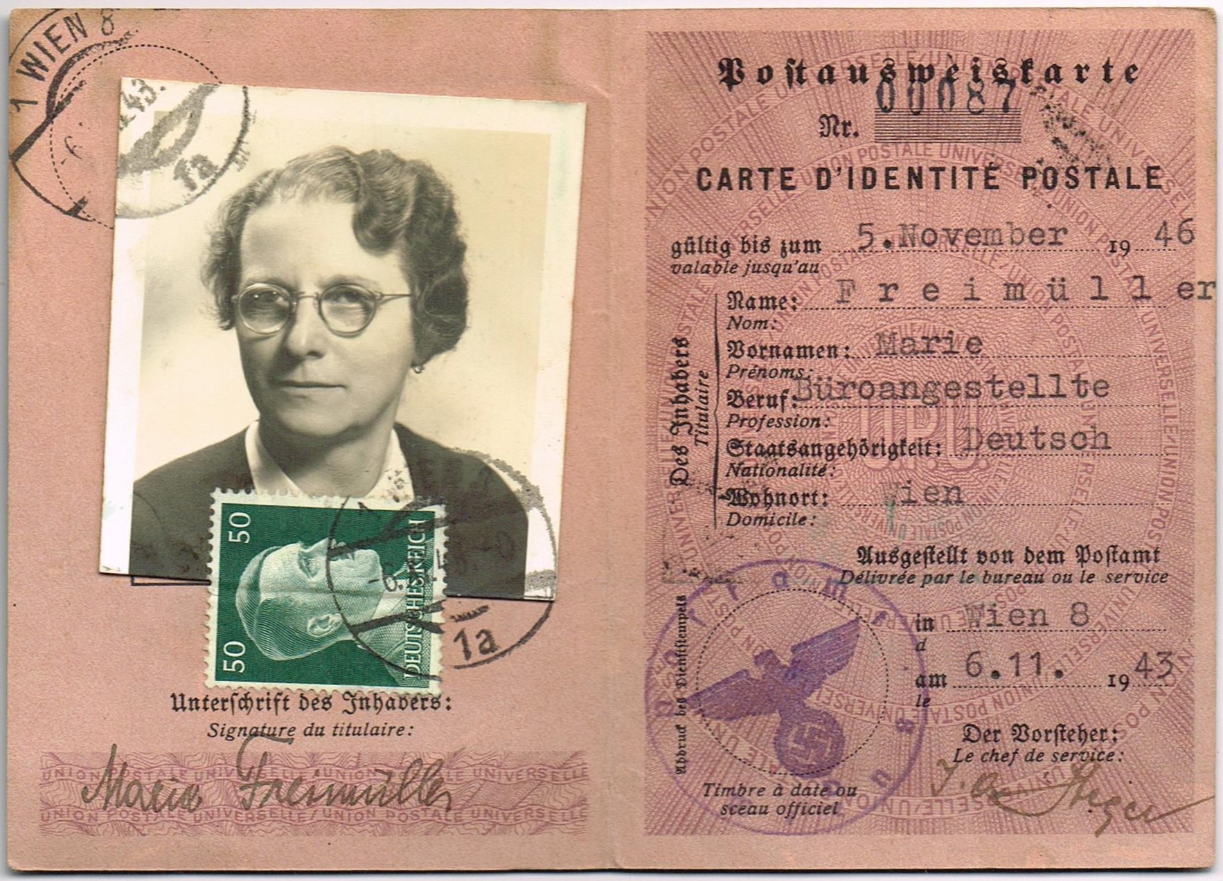 Postausweiskarte - Marie Freimüller - 6.11.1943